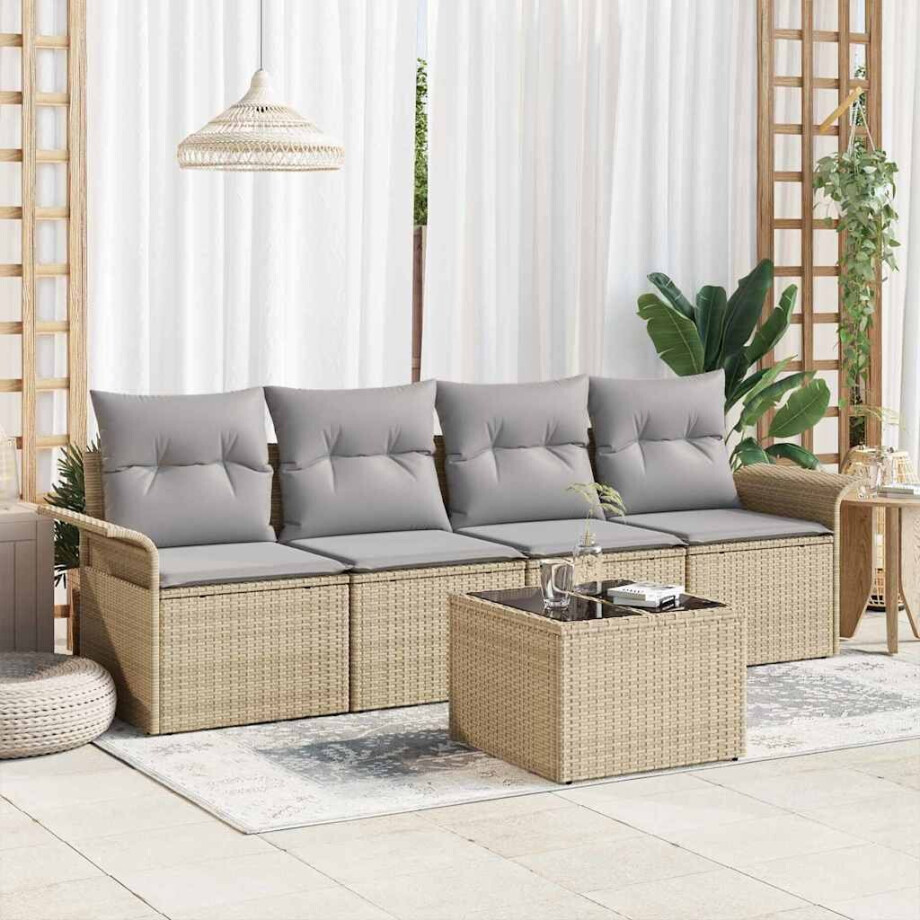 vidaXL Tuin Sofa Set met kussen 5 pcs Beige en Grijs poly rattan afbeelding 1