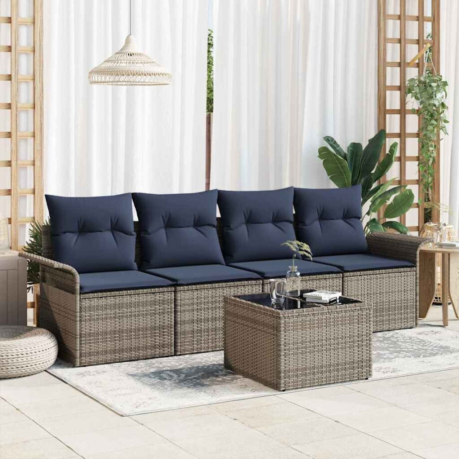 vidaXL Tuin Sofa Set met kussen 5 pcs Grijs en Marineblauw poly rattan vidaXL Tuin Sofa Set met kussen 5 pcs Grijs en Marineblauw poly rattan afbeelding 1