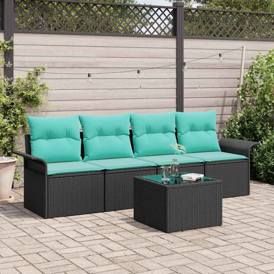 vidaXL Tuin Sofa Set met kussen 5 pcs Zwart en Turquoise poly rattan afbeelding 1