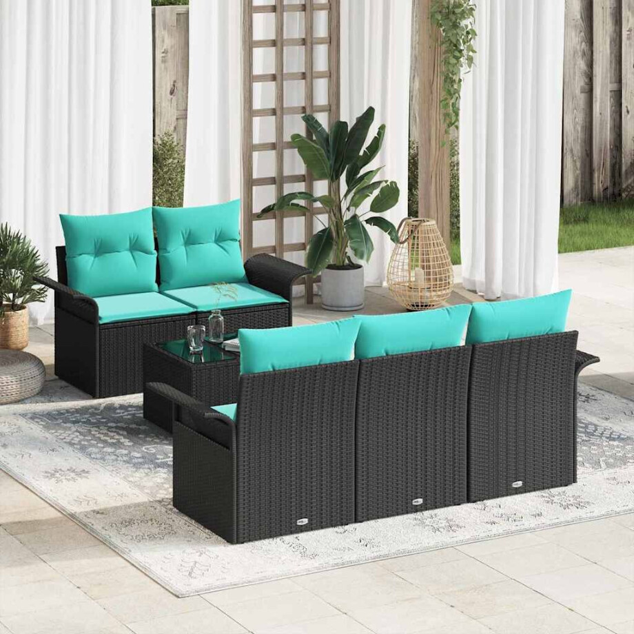 vidaXL Tuin Sofa Set met kussen 6 pcs Zwart en Turquoise poly rattan afbeelding 1