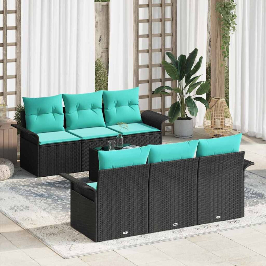 vidaXL Tuin Sofa Set met kussen met opslag 7 pcs Zwart en Turquoise afbeelding 1