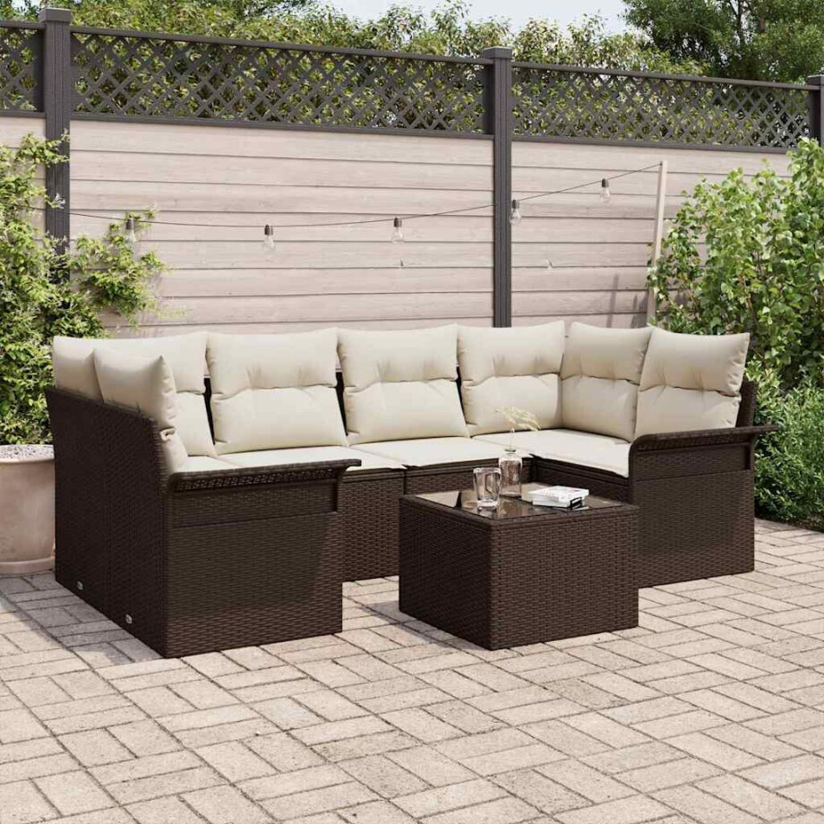 vidaXL Tuin Sofa Set 7 pcs Bruin en Crème Poly rattan, staal en glas vidaXL Tuin Sofa Set 7 pcs Bruin en Crème Poly rattan, staal en glas afbeelding 1
