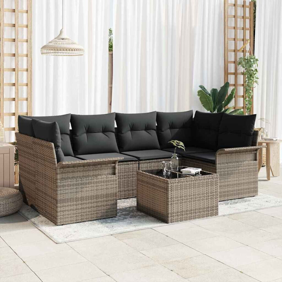 vidaXL Tuin Sofa Set met kussen 7 pcs Grijs Poly rattan, staal en glas vidaXL Tuin Sofa Set met kussen 7 pcs Grijs Poly rattan, staal en glas afbeelding 1