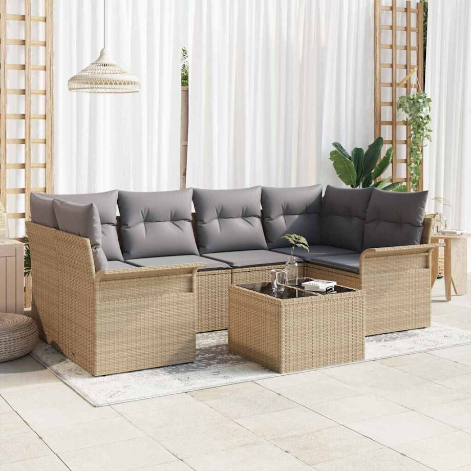 vidaXL Tuin Sofa Set 7 pcs Beige en Grijs Poly rattan, staal en glas vidaXL Tuin Sofa Set 7 pcs Beige en Grijs Poly rattan, staal en glas afbeelding 1