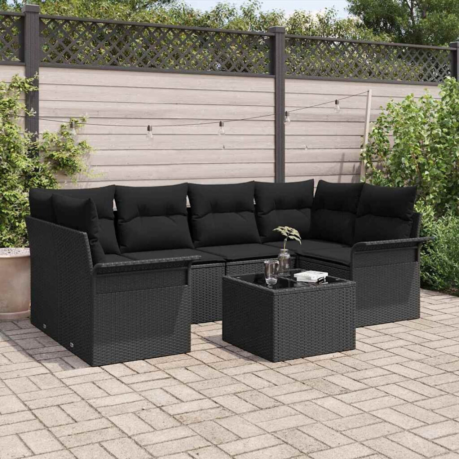 vidaXL Tuin Sofa Set met kussen 7 pcs Zwart Poly rattan, staal en glas vidaXL Tuin Sofa Set met kussen 7 pcs Zwart Poly rattan, staal en glas afbeelding 1