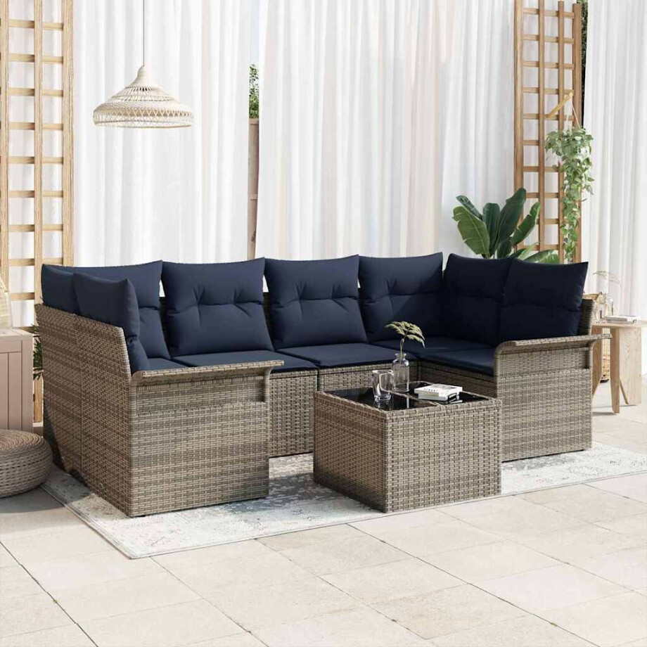 vidaXL Tuin Sofa Set met kussen 7 pcs Grijs en Marineblauw poly rattan vidaXL Tuin Sofa Set met kussen 7 pcs Grijs en Marineblauw poly rattan afbeelding 1