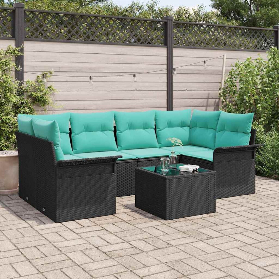 vidaXL Tuin Sofa Set met kussen 7 pcs Zwart en Turquoise poly rattan afbeelding 1