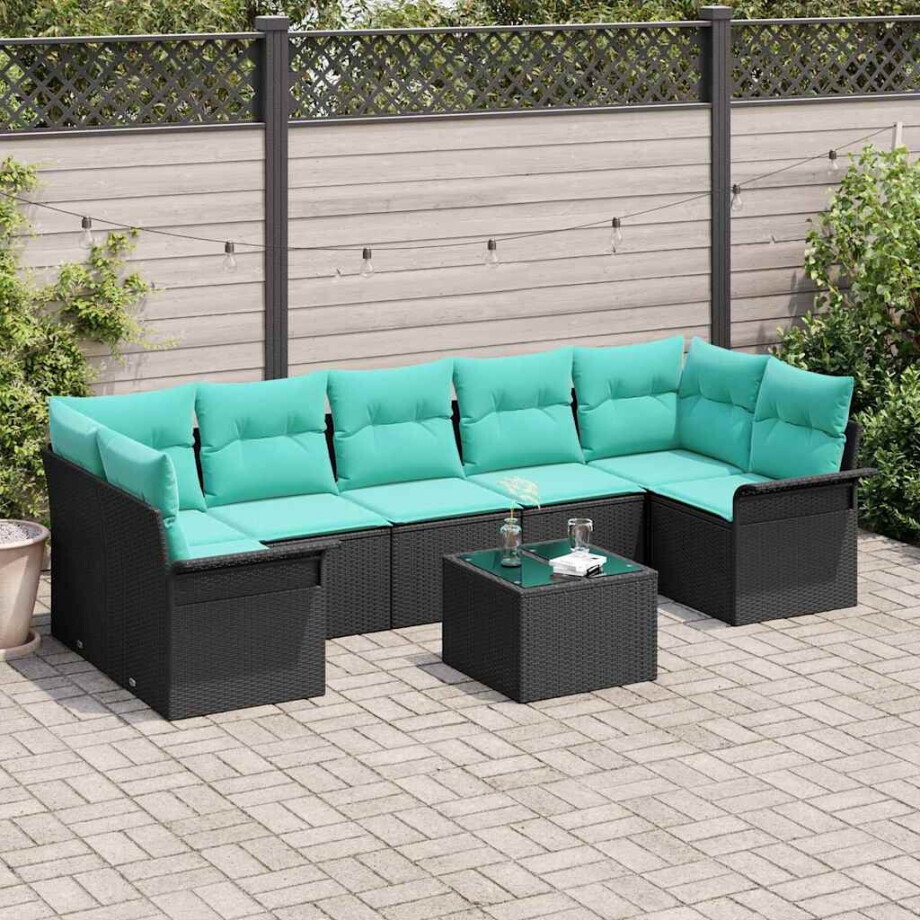 vidaXL Tuin Sofa Set met kussen 8 pcs Zwart en Turquoise poly rattan afbeelding 1