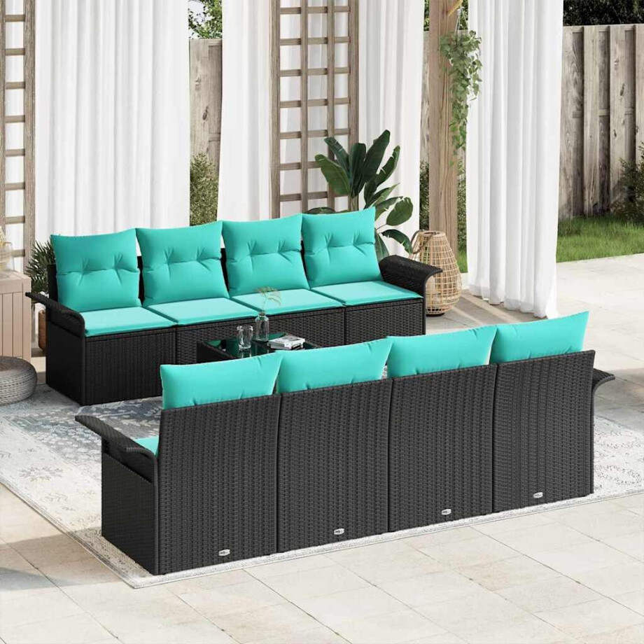 vidaXL Tuin Sofa Set met kussen 9 pcs Zwart en Turquoise poly rattan afbeelding 1