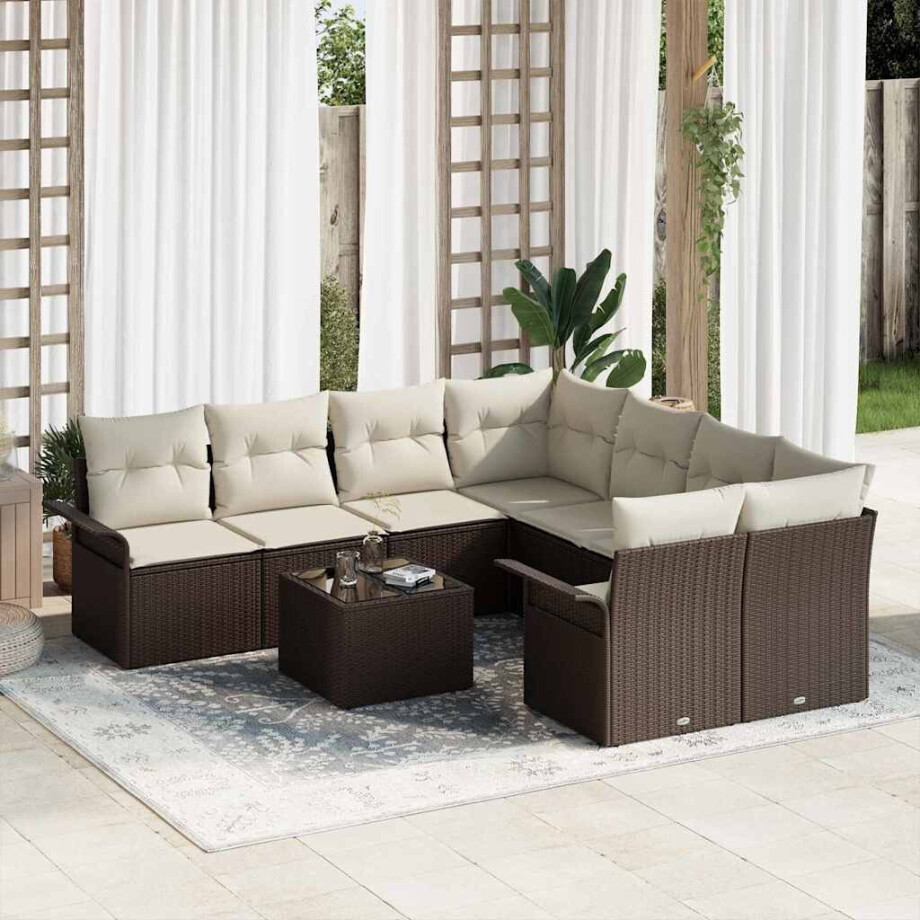 vidaXL Tuin Sofa Set 9 pcs Bruin en Crème Poly rattan, staal en glas afbeelding 1