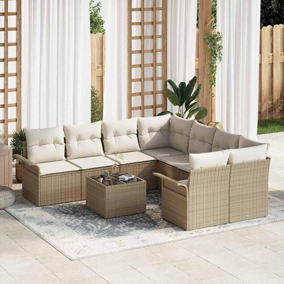vidaXL Tuin Sofa Set 9 pcs Beige en Crème Poly rattan, staal en glas afbeelding 1