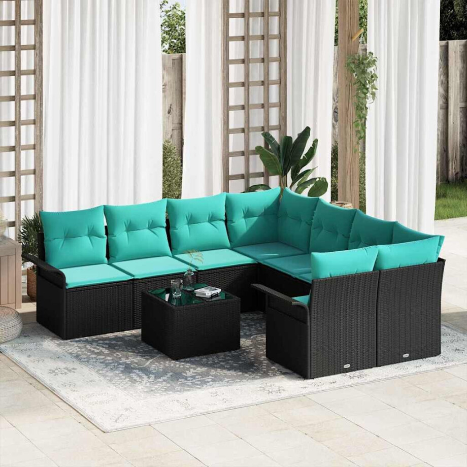 vidaXL Tuin Sofa Set met kussen 9 pcs Zwart en Turquoise poly rattan afbeelding 1