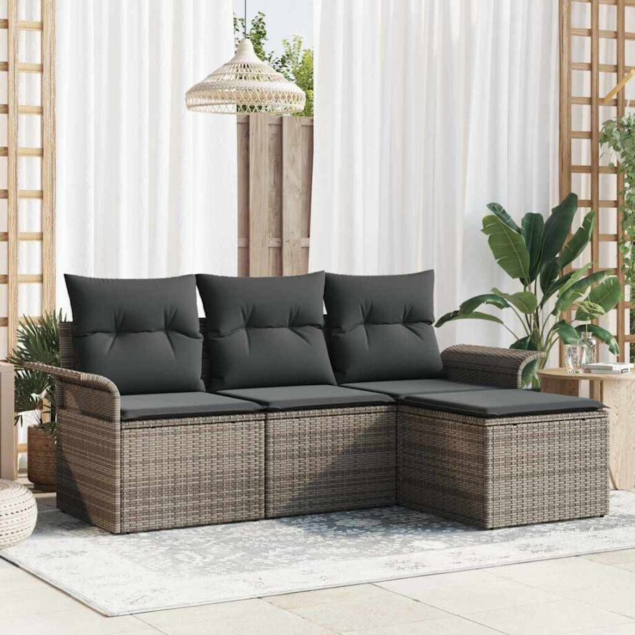 vidaXL Tuin Sofa Set met kussen met opslag 4 pcs Grijs Poly riet afbeelding 1