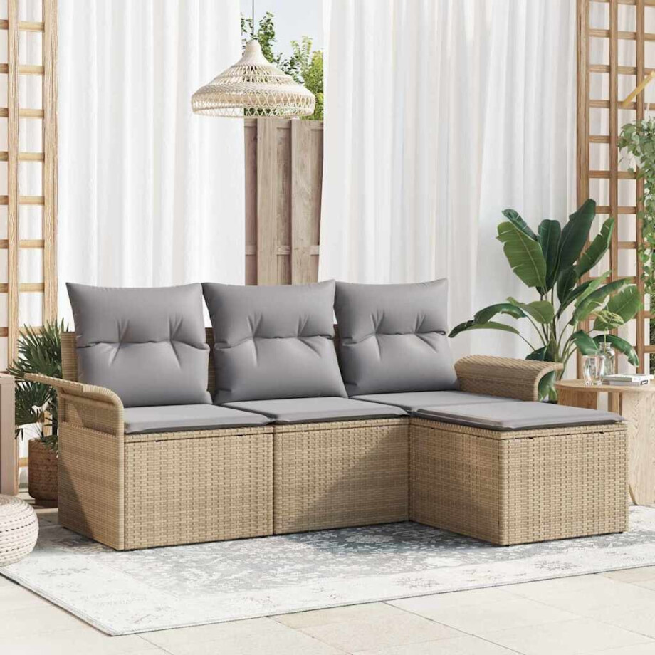 vidaXL Tuin Sofa Set met kussen met opslag 4 pcs Beige Poly riet afbeelding 1