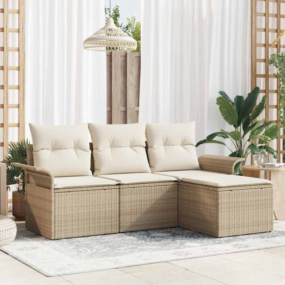vidaXL Tuin Sofa Set met kussen met opslag 4 pcs Beige Poly riet afbeelding 1