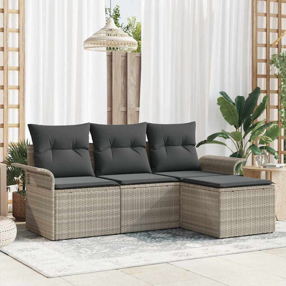 vidaXL Tuin Sofa Set met kussen met opslag 4 pcs Lichtgrijs Poly riet afbeelding 1
