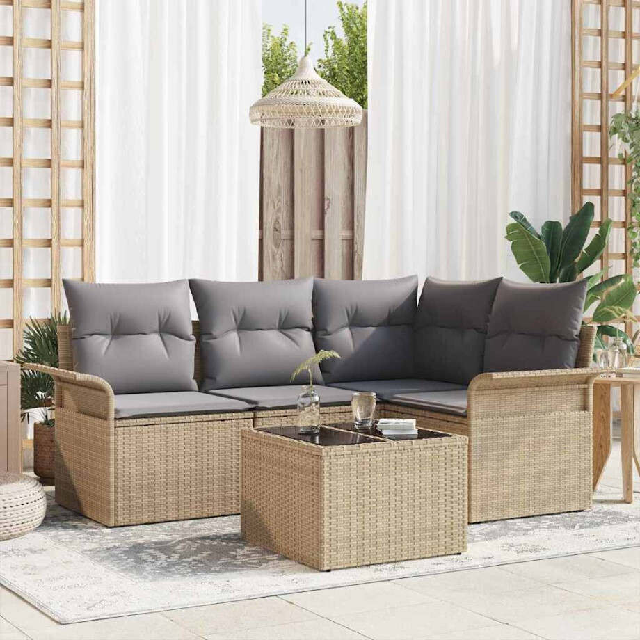 vidaXL Tuin Sofa Set met opslag 5 pcs Beige poly rattan afbeelding 1