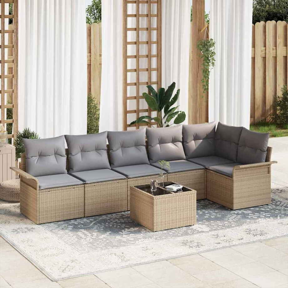 vidaXL Tuin Sofa Set met kussen met opslag 7 pcs Beige Poly riet afbeelding 1