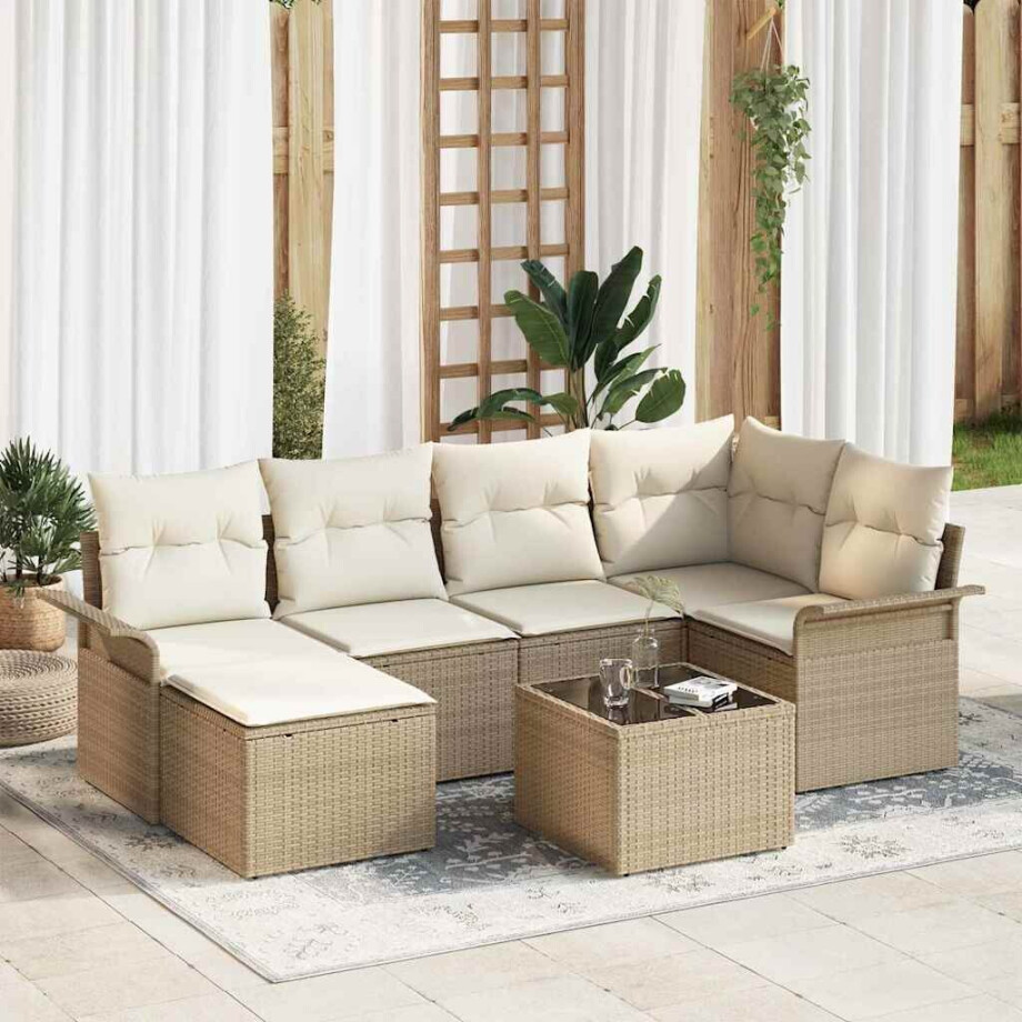vidaXL Tuin Sofa Set met opslag 7 pcs Beige poly rattan afbeelding 1