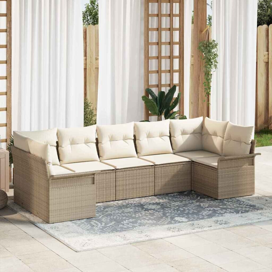 vidaXL Tuin Sofa Set met kussen met opslag 7 pcs Beige Poly riet afbeelding 1