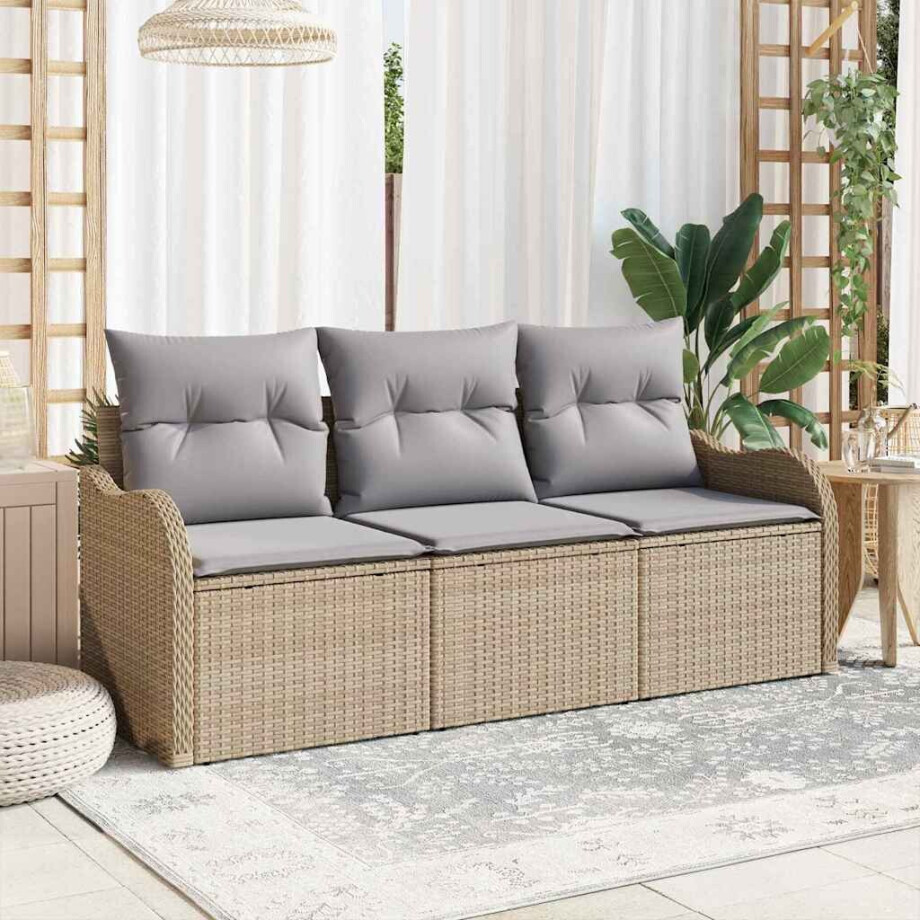 vidaXL Tuin Sofa Set met kussen met opslag 3 pcs Beige Poly riet afbeelding 1