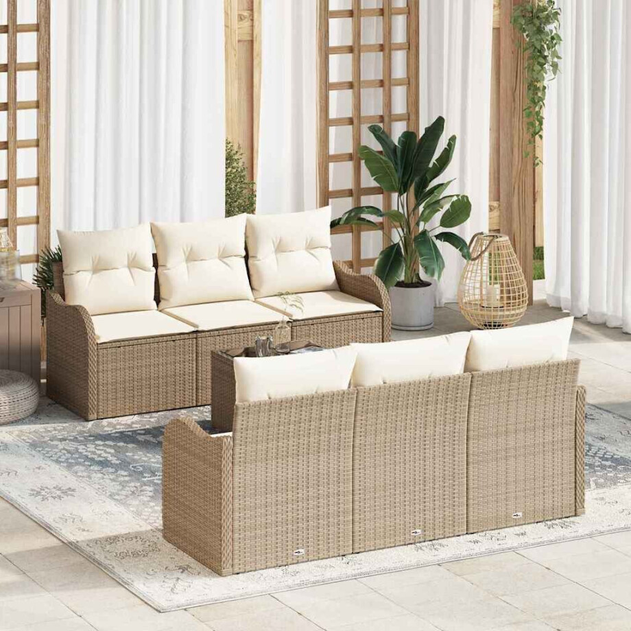 vidaXL Tuin Sofa Set 7 pcs Beige en Crème Poly Riet en Staal en Glas afbeelding 1