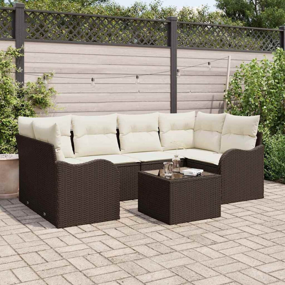 vidaXL Tuin Sofa Set 7 pcs Bruin en Crème Poly rattan, staal en glas afbeelding 1