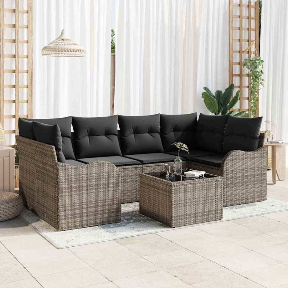 vidaXL Tuin Sofa Set met kussen 7 pcs Grijs Poly rattan, staal en glas vidaXL Tuin Sofa Set met kussen 7 pcs Grijs Poly rattan, staal en glas afbeelding 1