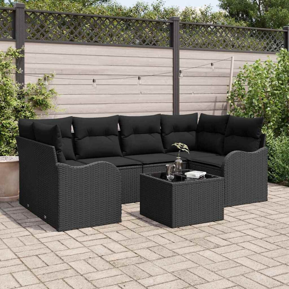 vidaXL Tuin Sofa Set met kussen 7 pcs Zwart Poly rattan, staal en glas vidaXL Tuin Sofa Set met kussen 7 pcs Zwart Poly rattan, staal en glas afbeelding 1