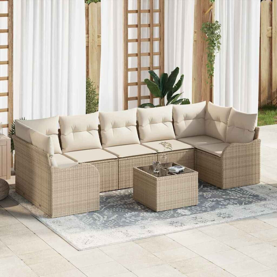vidaXL 8-delige ligbedden set met kussens in beige poly riet afbeelding 1