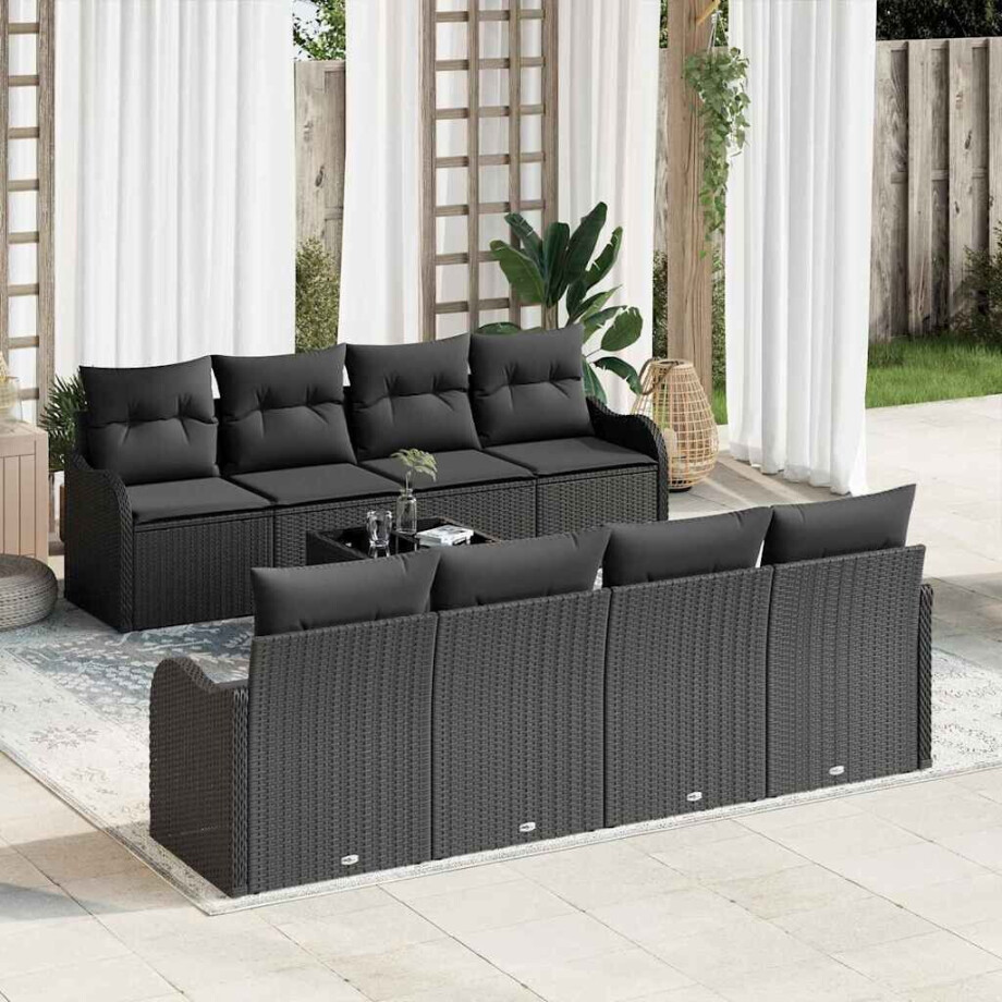 vidaXL Tuin Sofa Set met kussen 9 pcs Zwart Poly Riet en Staal en Glas afbeelding 1