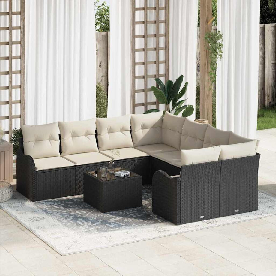 vidaXL Tuin Sofa Set 9 pcs Zwart en Crème Poly Riet en Staal en Glas afbeelding 1