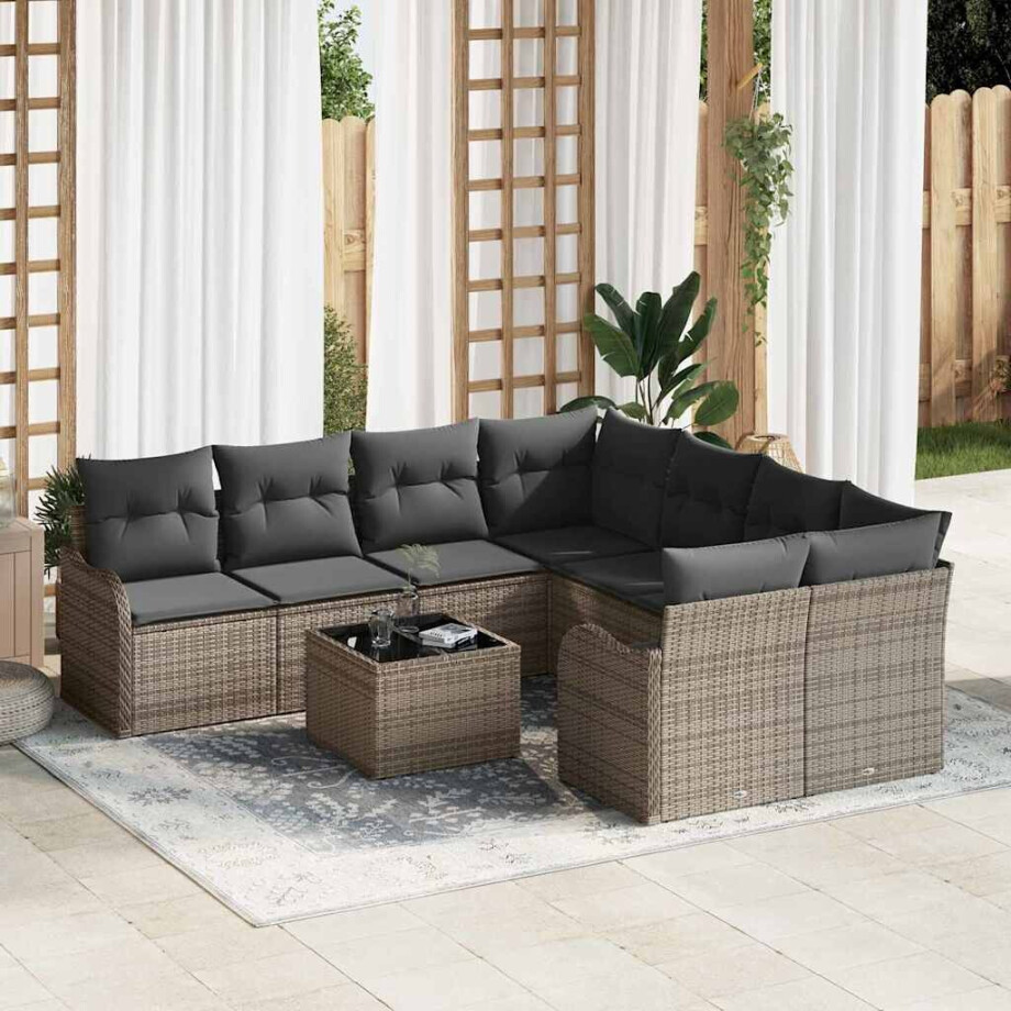 vidaXL Tuin Sofa Set met kussen 9 pcs Grijs Poly Riet en Staal en Glas afbeelding 1