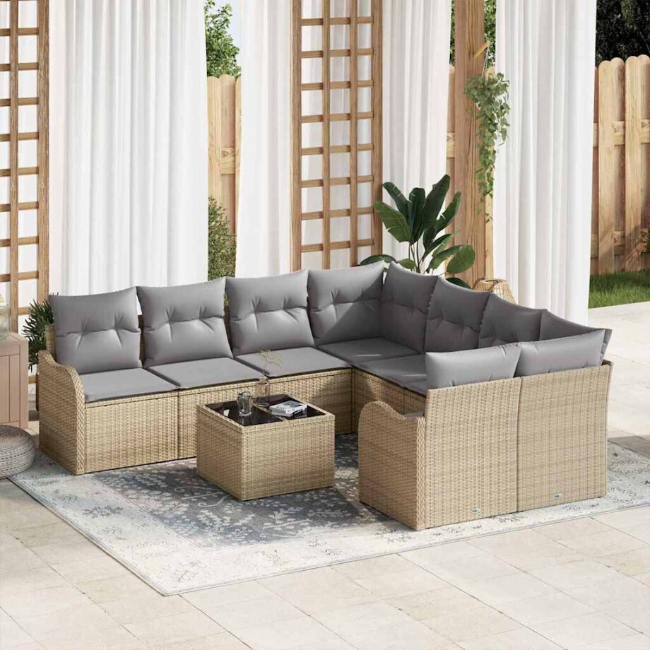 vidaXL Tuin Sofa Set 9 pcs Beige en Grijs Poly Riet en Staal en Glas afbeelding 1
