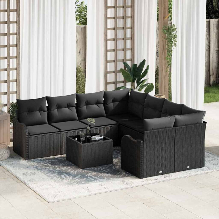 vidaXL Tuin Sofa Set met kussen 9 pcs Zwart Poly Riet en Staal en Glas afbeelding 1