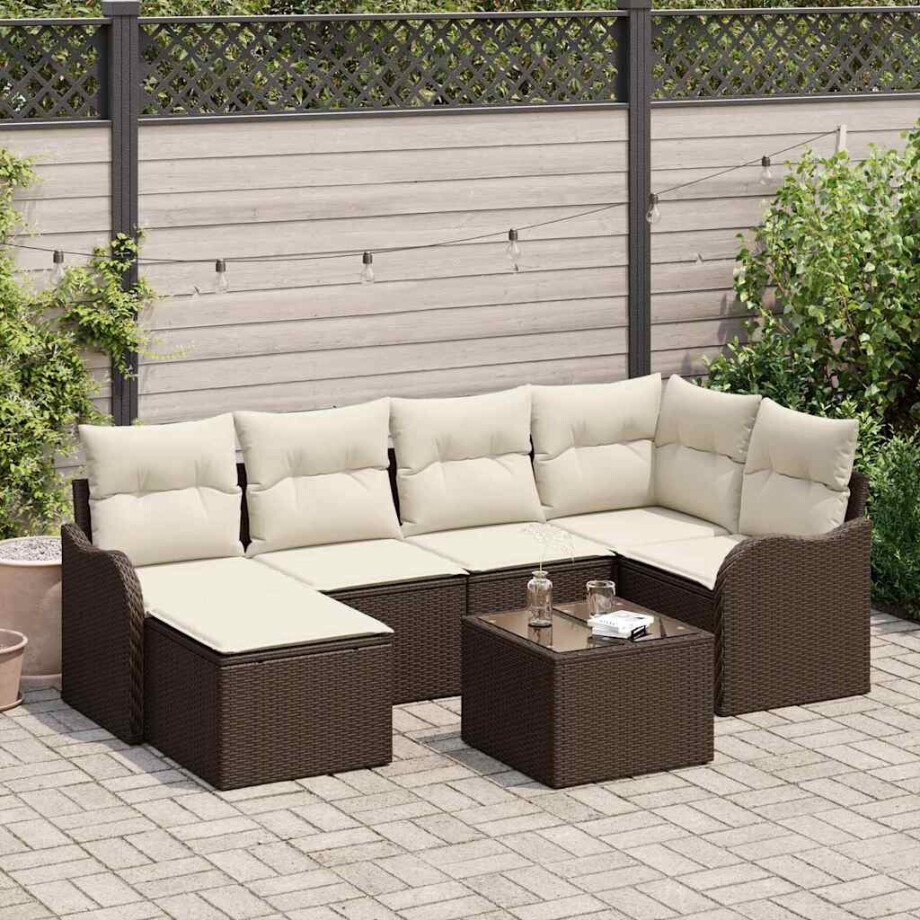vidaXL Tuin Sofa Set met kussen 7 pcs Bruin en wit Poly riet afbeelding 1