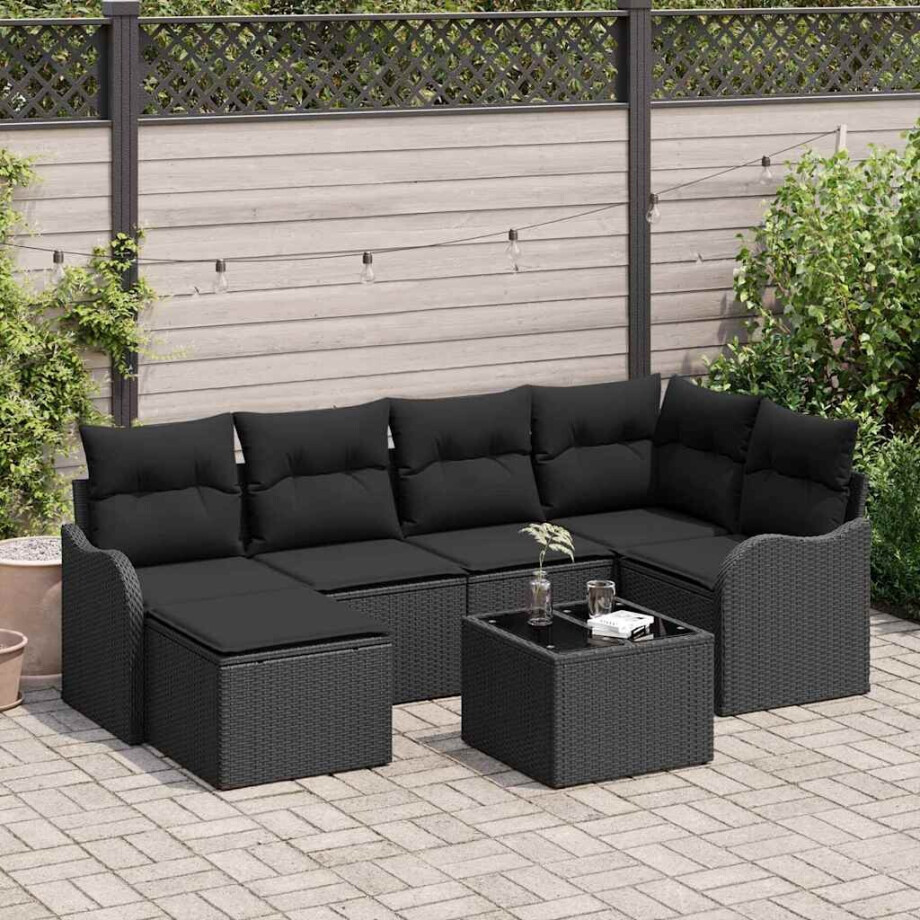 vidaXL Tuin Sofa Set met kussen 7 pcs Zwart Poly riet afbeelding 1