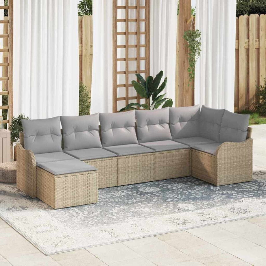 vidaXL Tuin Sofa Set met kussen 7 pcs beige en lichtgrijs Poly riet afbeelding 1
