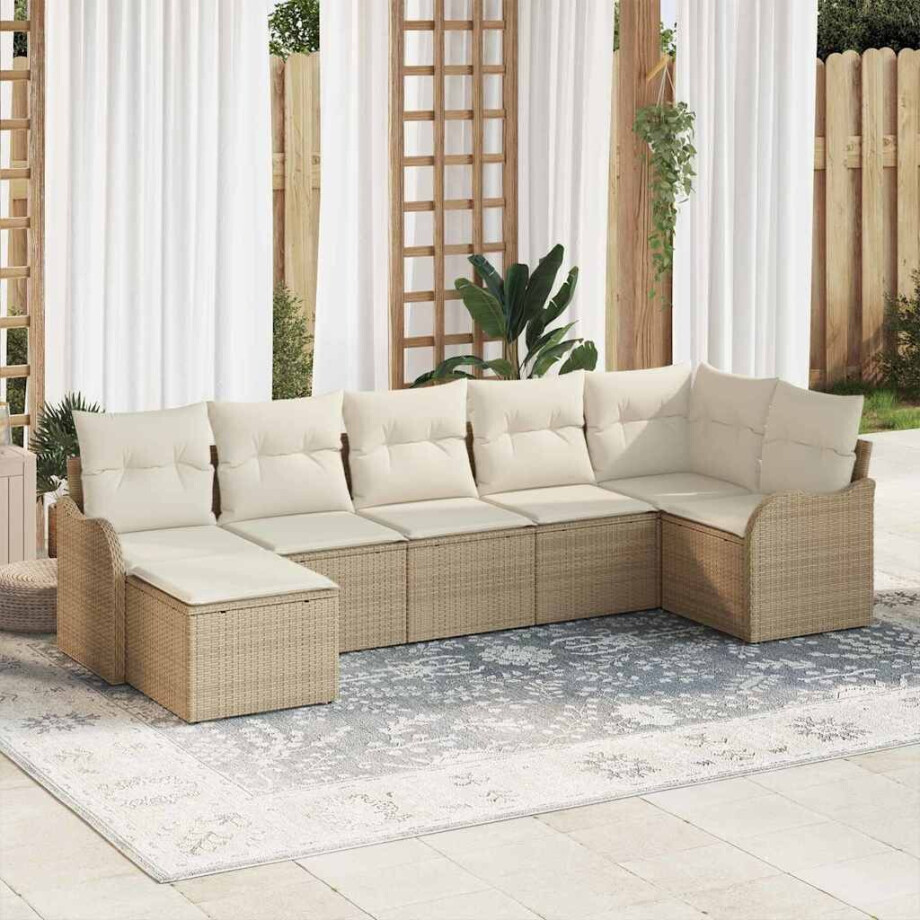 vidaXL Tuin Sofa Set met kussen 7 pcs Beige en wit Poly riet afbeelding 1