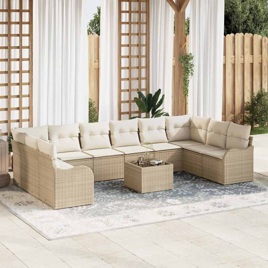 vidaXL Tuin Sofa Set met opslag 11 pcs Beige en Wit poly rattan afbeelding 1