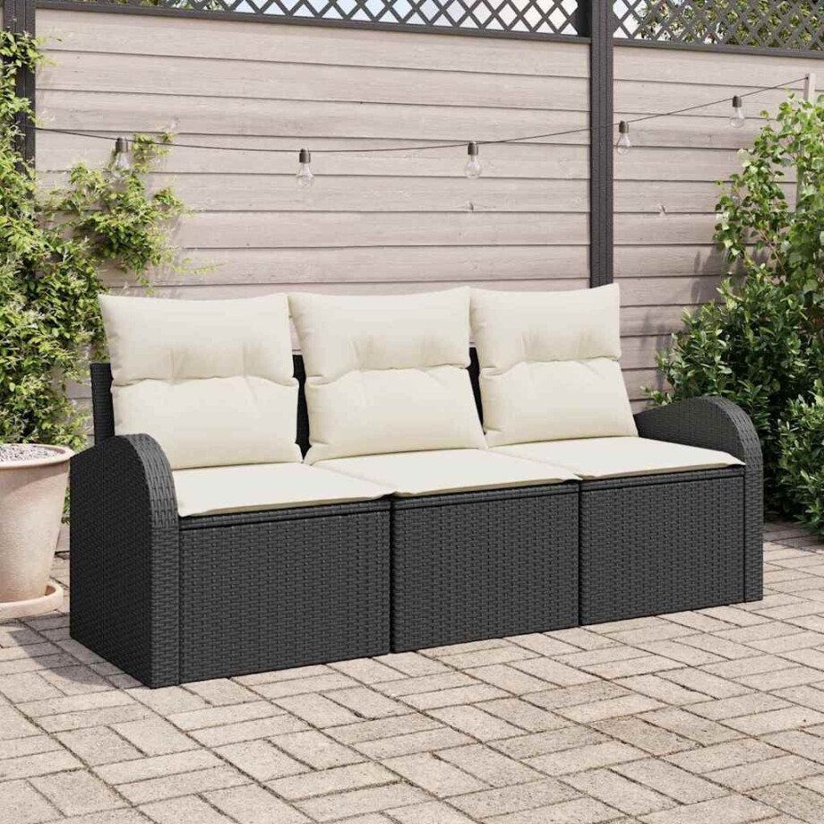vidaXL Tuin Sofa Set met kussen 3 pcs Zwart en wit Poly riet afbeelding 1
