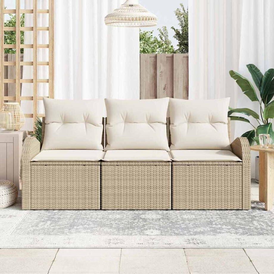 vidaXL Tuin Sofa Set met kussen 3 pcs Beige en wit Poly riet afbeelding 1