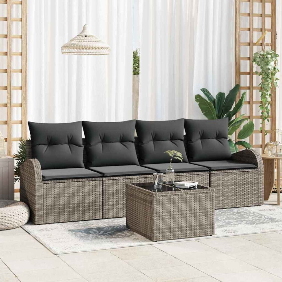 vidaXL Tuin Sofa Set met kussen 5 pcs Grijs Poly rattan, staal en glas afbeelding 1