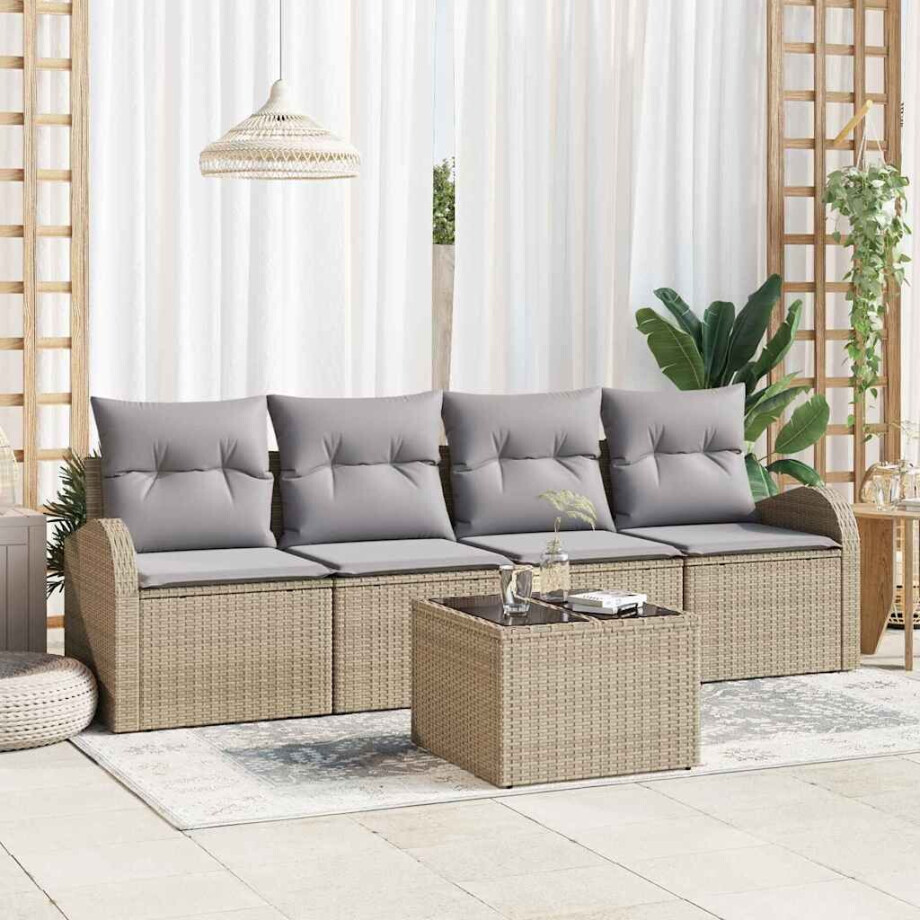vidaXL Tuin Sofa Set 5 pcs Beige en Grijs Poly rattan, staal en glas afbeelding 1