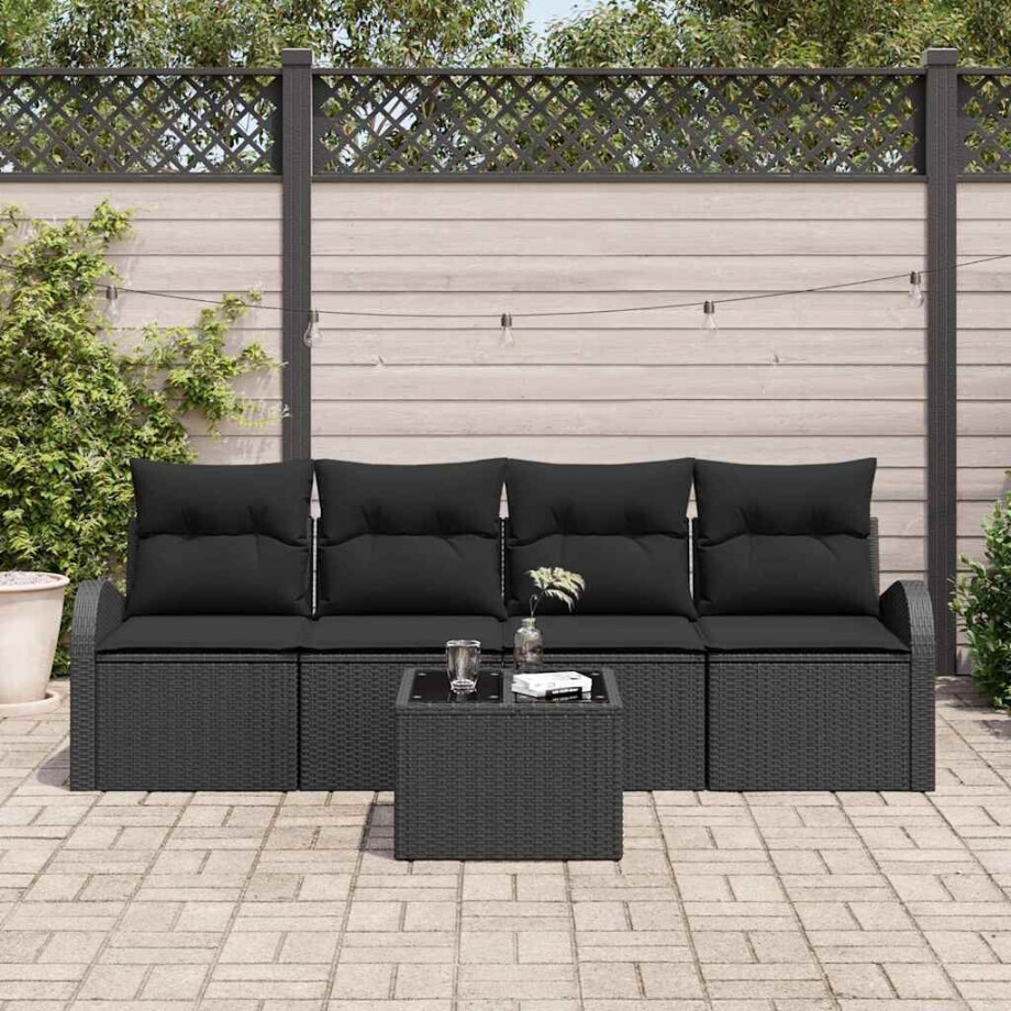 vidaXL Tuin Sofa Set met kussen 5 pcs Zwart Poly rattan, staal en glas afbeelding 1