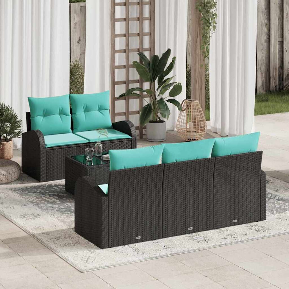 vidaXL Tuin Sofa Set met kussen met opslag 6 pcs Zwart en Turquoise afbeelding 1