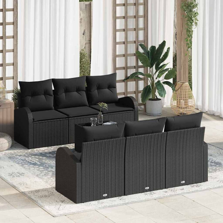 vidaXL Tuin Sofa Set met kussen 7 pcs Zwart Poly rattan, staal en glas afbeelding 1