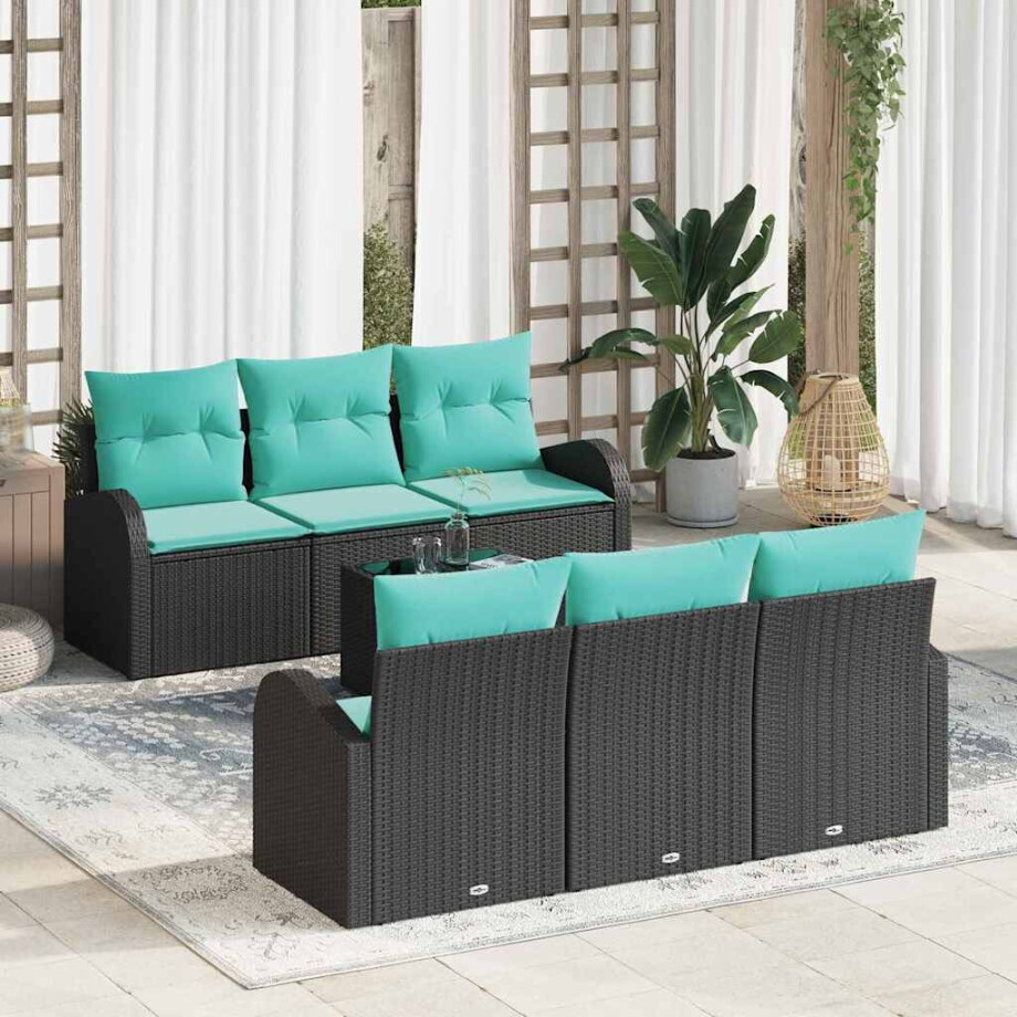 vidaXL Tuin Sofa Set met opslag 7 pcs Zwart en Turquoise poly rattan afbeelding 1