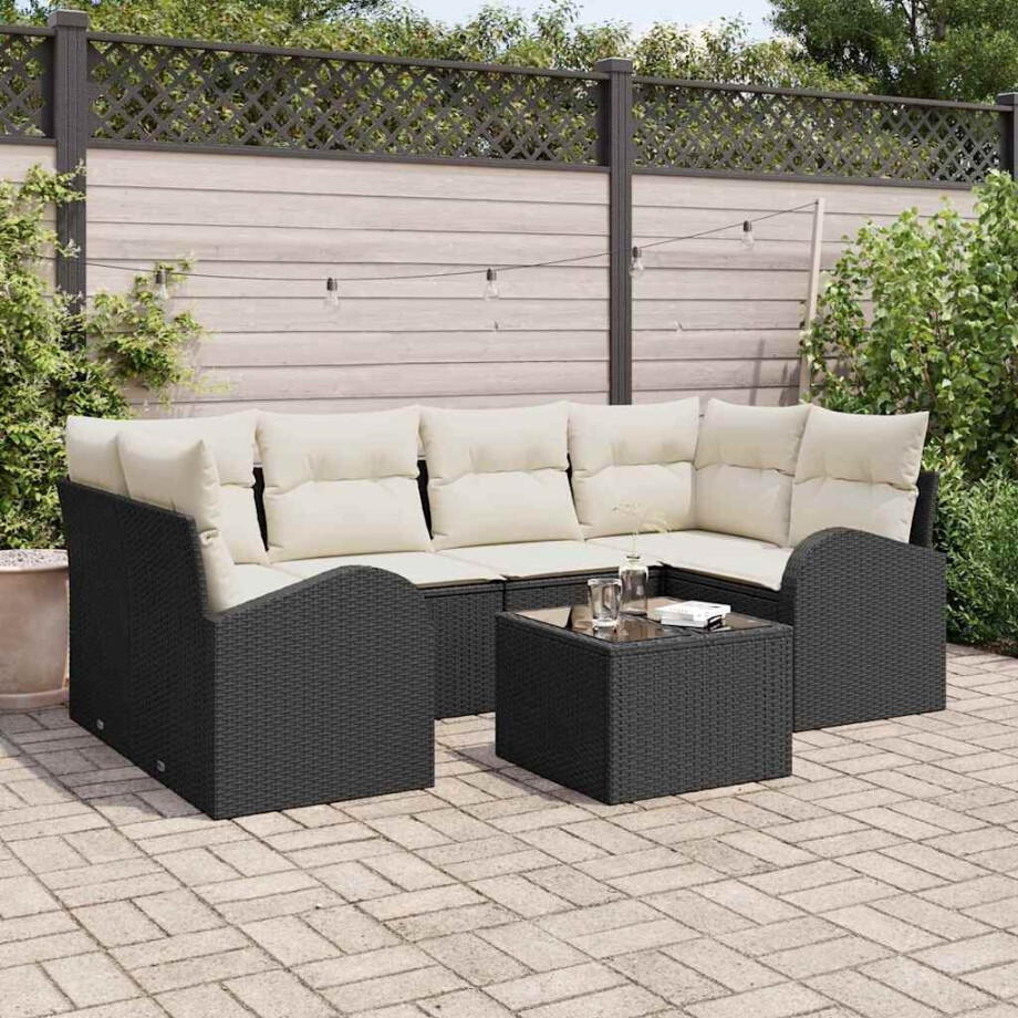 vidaXL Tuin Sofa Set 7 pcs Zwart en Crème Poly rattan, staal en glas afbeelding 1