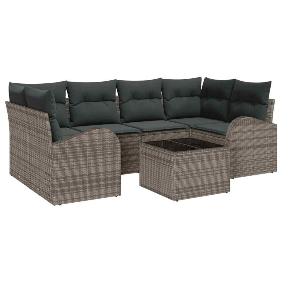 vidaXL Tuin Sofa Set met kussen 7 pcs Grijs Poly rattan, staal en glas afbeelding 1